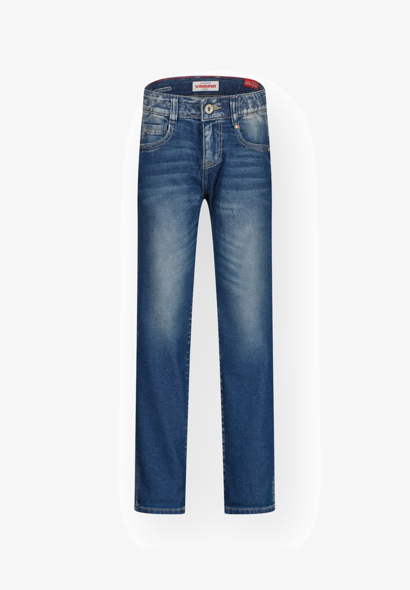 Vaqueros de mezclilla azul con corte recto, diseño de cinco bolsillos, ligero desgaste y cierre de botón. La cinturilla presenta una etiqueta con el logo.