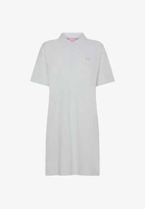 Abito polo in cotone grigio chiaro, con colletto a punta, maniche corte e un piccolo logo rosa sul lato sinistro del petto. Vestibilità rilassata.