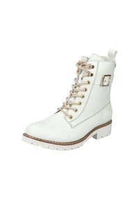 Botín de cuero blanco con cordones beige, ojales dorados y un detalle de hebilla. Presenta una superficie texturada y una suela gruesa blanca.