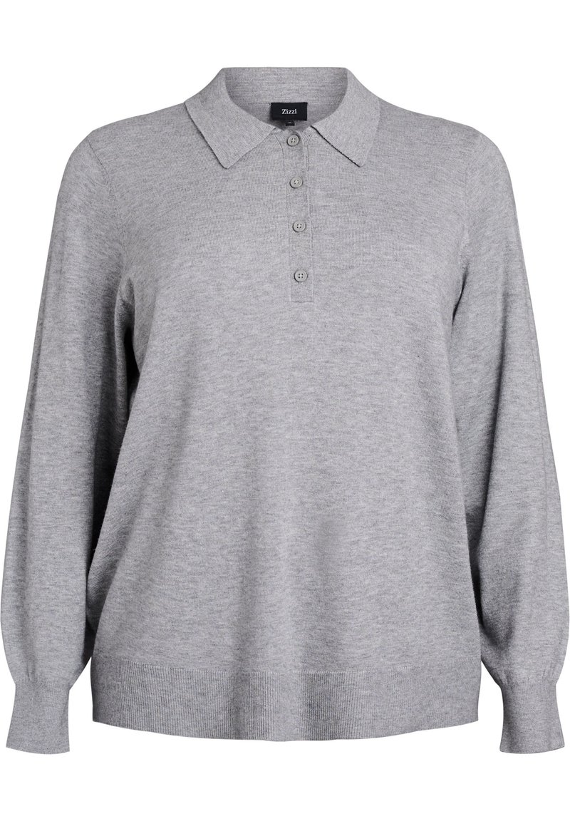 Pulóver gris de punto con cuello tipo polo y tapeta de tres botones. Presenta mangas largas y puños y dobladillo acanalados. Textura suave.