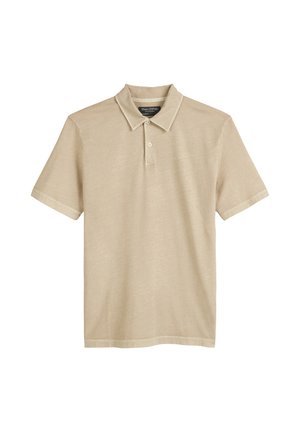 Beige short-sleeve polo shirt made of soft, textured fabric. Features a classic collar and a single button placket. Simple and clean design.