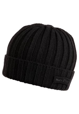 Bonnet noir en tricot côtelé avec revers plié et petit patch logo cousu.
