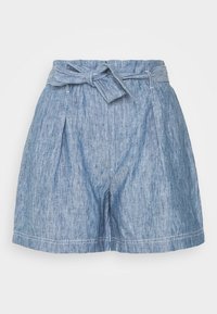 Džínové šortky v světle modré barvě s texturovaným povrchem, s plisami, páskem na zavazování v pase a kontrastním prošitím podél lemu.
