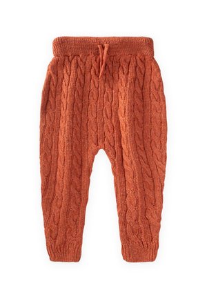Pantaloni per bambini in maglia arancione con motivo a treccia, vita elastica e coulisse. Tessuto morbido, design a gamba dritta.