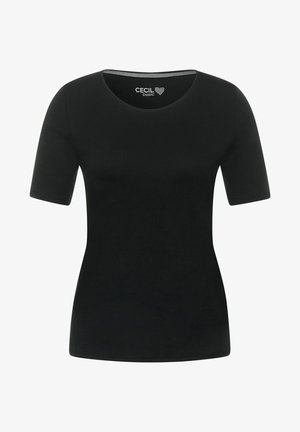 Zwarte kortgemouwde T-shirt van een gladde, zachte stof. Heeft een ronde halslijn en een eenvoudig, aansluitend ontwerp. Merklogo zichtbaar bij de hals.