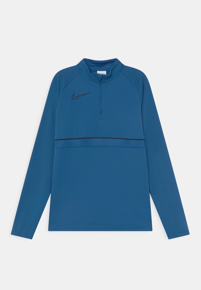 Sininen pitkähihaisen urheilu paita, jossa on puolivetoketju kauluksessa, kevyt kangas, musta Nike-logo vaakasuoran kuviopaneelin päällä.