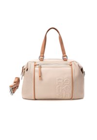 Bolso beis con lados perforados, compartimento principal con cremallera y dos asas de cuero marrón. Incluye una correa para el hombro desmontable.