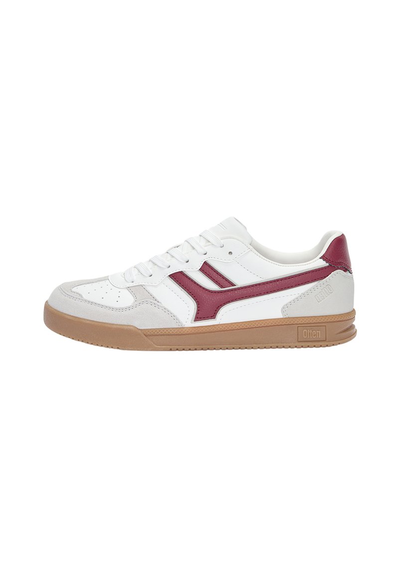 White sneaker with maroon accents, suede toe cap, and rubber gum sole. Features lace-up closure and side stripes. Classic athletic design.