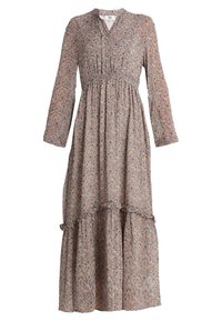 Robe longue à fleurs dans des tons de marron et de rose atténués, avec des manches longues, un corsage plissé et des volants superposés au niveau de l'ourlet. Tissu léger.