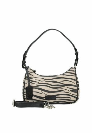 Mała torebka z czarno-białymi pasiastymi w paski tygrysimi, czarnym regulowanym paskiem na ramię, zamkiem błyskawicznym i przymocowaną czarną metką.