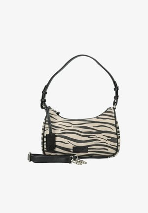 Lille håndtaske med sort-hvide tigerstriber, sort justerbar skulderstrop, lynlås og vedhæftet sort mærkat.