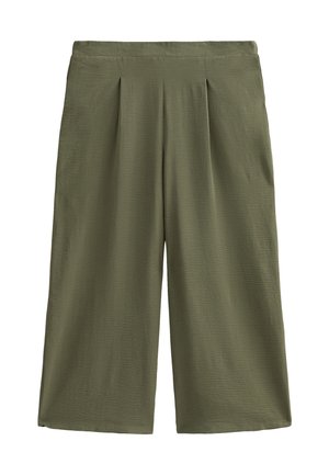 Pantalones de pierna ancha de color verde oliva con plisados, hechos de una tela texturizada. Cintura de altura media y un corte relajado. Sin bolsillos visibles ni herrajes.