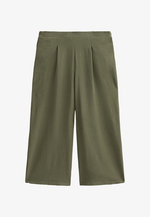Pantaloni a gamba larga verde oliva con pieghe, realizzati in un tessuto strutturato. Vita media e vestibilità rilassata. Senza tasche visibili o hardware.