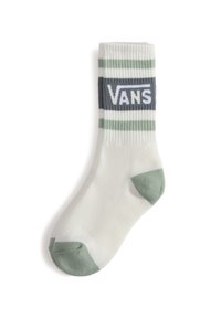 Bílá bavlněná ponožka se zelenými a šedými pruhy. Na ní je obdélníkové šedé logo s bílým textem "VANS". Zesílená zelená špička a pata.
