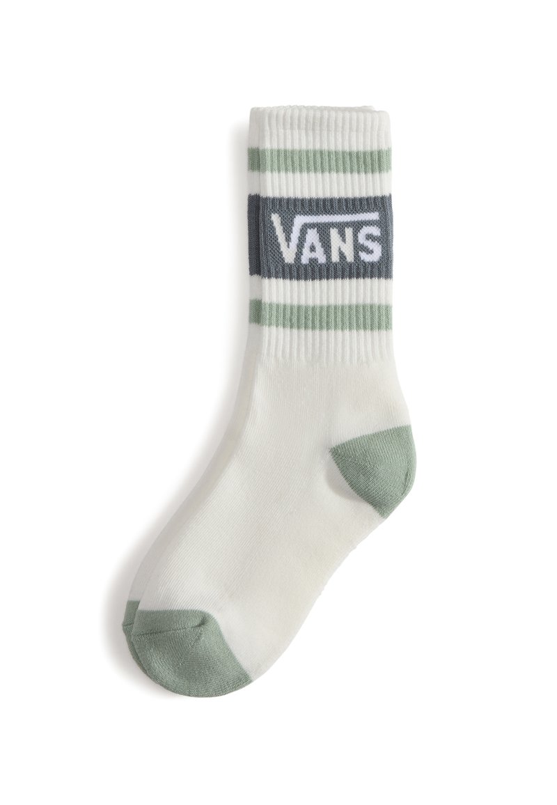 Bílá bavlněná ponožka se zelenými a šedými pruhy. Na ní je obdélníkové šedé logo s bílým textem "VANS". Zesílená zelená špička a pata.