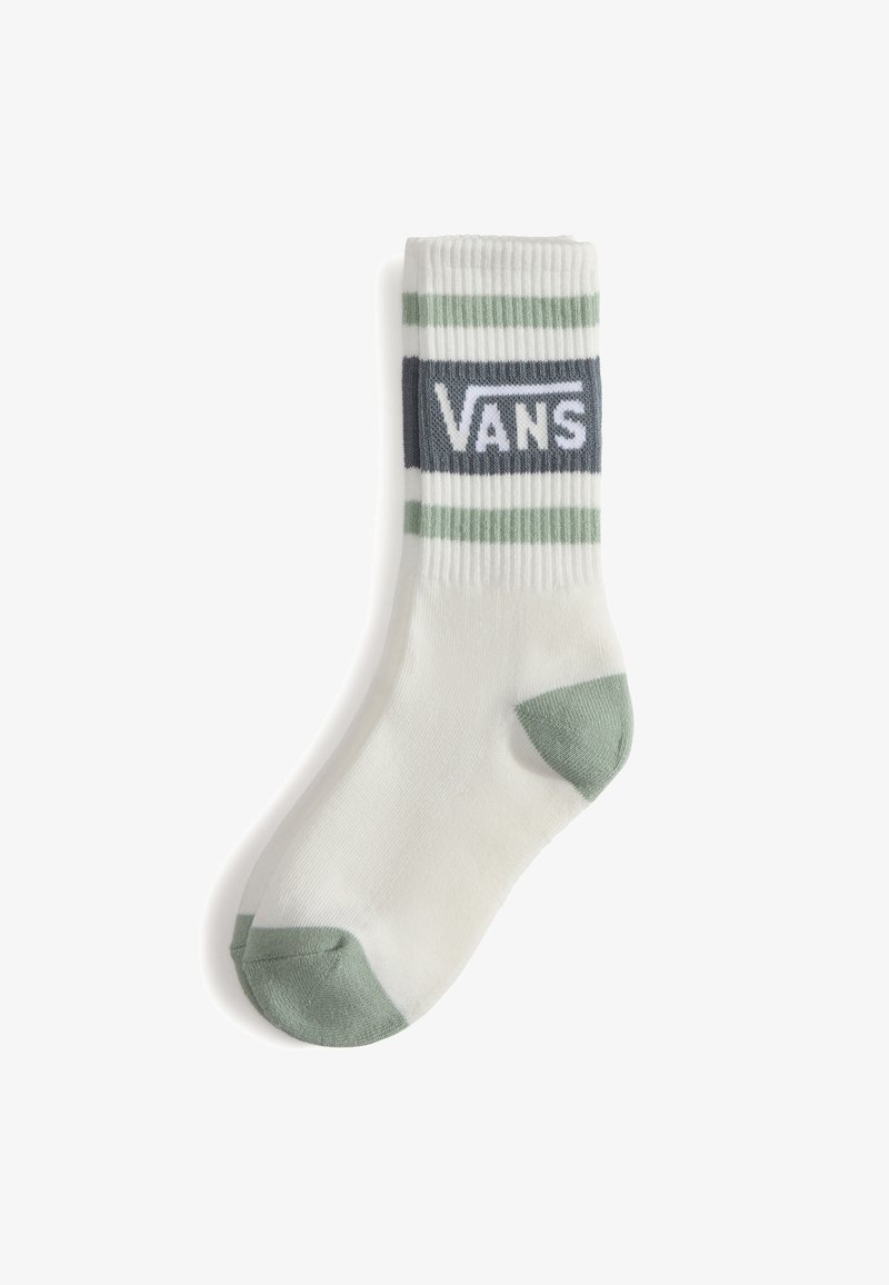 Hvide bomuldsstrømper med grønne og grå striber. Har et rektangulært gråt logo med "VANS" tekst i hvid. Forstærket grøn tå og hæl.