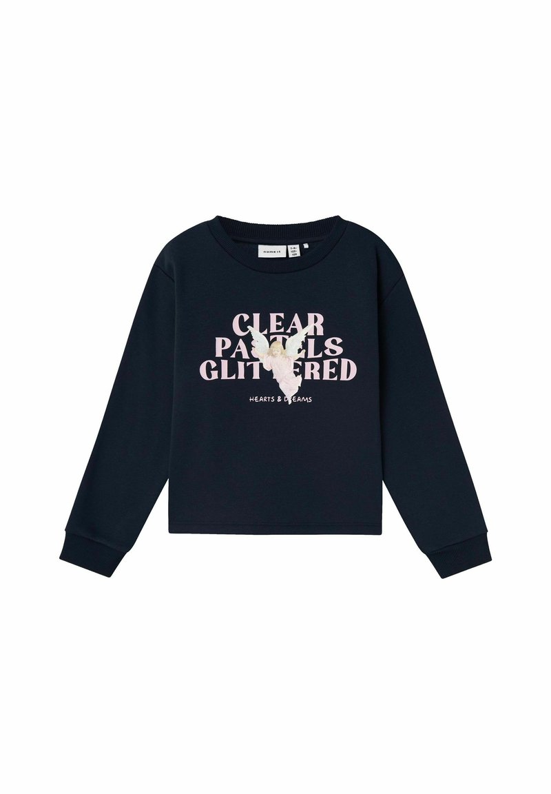 Felpa marina con maniche raglan, scollo rotondo e un design stampato con il testo "CLEAR PASTELS GLITTERED" in rosa chiaro.