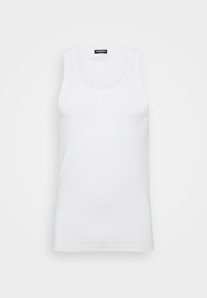 Weißes Baumwoll-Tanktop mit runder Ausschnitt, ärmellosem Design und geradem Saum. Keine Muster oder zusätzlichen Akzente. Einfache und glatte Textur.