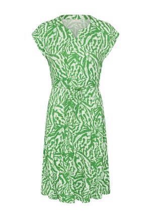 Zeleno-bela obleka s potiskom do kolen, kratkimi rokavi, V-izrezom in pasom, ki se zavezuje v pasu.