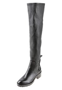 Bota de cuero negra hasta la rodilla con acabado texturizado, tacón bajo y detalle de corte lateral. El diseño presenta líneas suaves y un hardware minimalista.