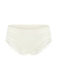 Culottes couleur crème en tissu doux avec des détails en dentelle festonnée sur les bords, offrant une texture lisse et un ajustement confortable.