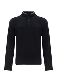 Pullover in pile nero con colletto alto, apertura con quattro bottoni e maniche lunghe. Il tessuto ha una finitura morbida e testurizzata.