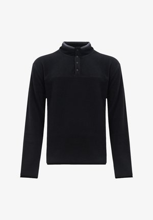 Schwarzer Fleece-Pullover mit hohem Kragen, Viertelzip und langen Ärmeln. Der Stoff hat eine weiche, strukturierte Oberfläche.