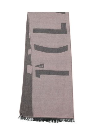 Sciarpa intrecciata in rosa e grigio, con motivi grafici neri audaci. Rifinita con frange su entrambe le estremità per aggiungere texture.