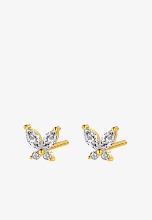 Boucles d'oreilles en or en forme de papillon, ornées de gemmes taillées en marquise et rondes, transparentes. Le design comporte trois accents en forme d'aile et une finition lisse.