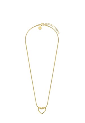 Gold chain necklace with a minimalist open heart pendant and adjustable clasp with a small round tag near the closure.