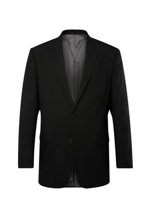 Schwarze Blazer mit Reverskragen, einreihigem Design, zwei Knöpfen und einer Brusttasche. Glattes, strukturiertes Material mit grauer Fütterung.