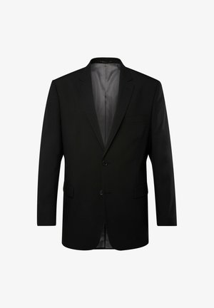 Czarna marynarka z klapami, jednorzędowa, z dwoma guzikami i kieszenią na piersi. Gładki, teksturowany materiał z szarym wykończeniem.