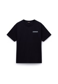 Black cotton t-shirt with short sleeves, rounded neckline, and a small white graphic logo on the left chest area. Simple design.