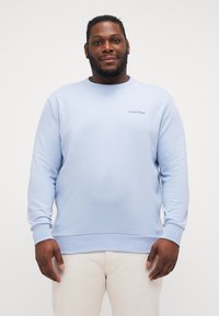 Világoskék, hosszú ujjú pulóver, bordás mandzsettákkal és aljjal, apró hímzett Calvin Klein logóval a mellrészen.