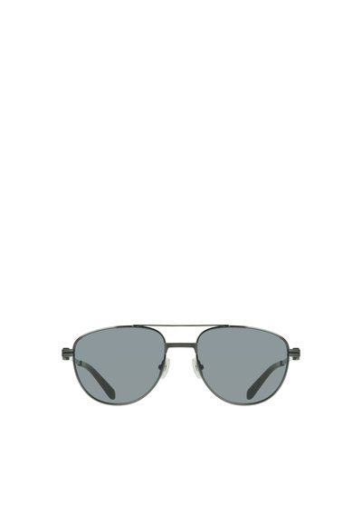 Black metal aviator sunglasses with gray tinted lenses and adjustable nose pads, shown from the front on a white background.