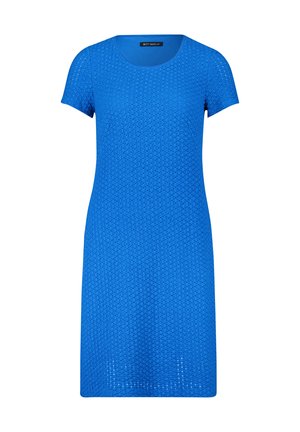 Robe en tricot bleu à manches courtes, décolleté rond, motif texturé et ourlet légèrement arrondi. Fabriquée en tissu respirant.
