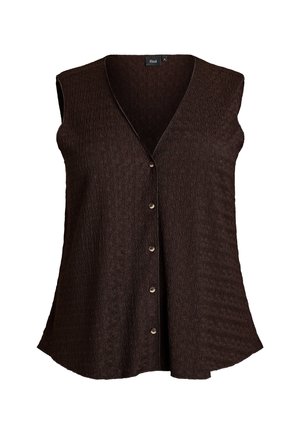 Tummanruskea hihaton paita, jossa on teksturoitu kangas, V-aukko, etunapit ja lievä levennys helman kohdalla rentoa istuvuutta varten.