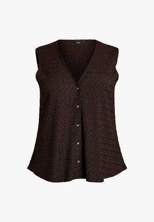 Tumepruun varrukateta pluus tekstuurse kangaga, V-kaelusega, ees nupud ja kerge lõikega alumises servas mugava istuvuse jaoks.