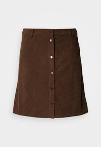 Fustă maro din catifea cu design drept, închidere frontală cu nasturi, două buzunare laterale și textură moale.