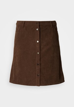 Rjav hlačnik iz korduroja z ravnim krojem, zapenjanjem na gumbe spredaj, dvema stranskima žepoma in mehko teksturo.