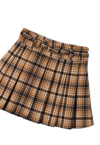 Falda de cuadros en marrón, negro y blanco, con un diseño plisado y trabillas para cinturón, con un detalle de hebilla en tono dorado.