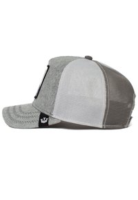 Cappello grigio con una parte frontale testurizzata, retro in rete e visiera curvata. Presenta un logo nero sul lato e dettagli di cucitura a contrasto.
