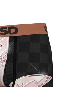 Črne bokserice z karirastim vzorcem in gladkim, sijočim rdečim detajlom. Elastični pas je kontrastne bež barve z črnim logotipom.