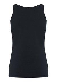 Top nero senza maniche caratterizzato da un collo rotondo, design aderente e texture liscia e morbida. Nessun motivo o decorazione visibile.