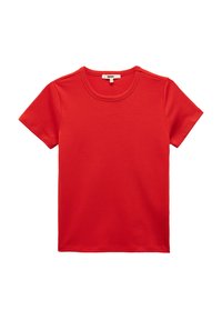 Rode katoenen T-shirt met ronde hals en korte mouwen, met een gladde textuur en een eenvoudig, effen kleurontwerp.