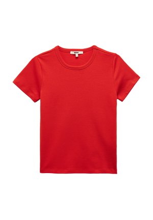 T-shirt in cotone rosso con collo a giro e maniche corte, caratterizzato da una texture liscia e un design semplice e monocolore.