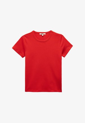 Rotes Baumwoll-T-Shirt mit Rundhalsausschnitt und kurzen Ärmeln, mit einer glatten Textur und einem einfachen, einfarbigen Design.