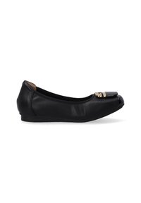 Ballet flats in pelle nera con punta tonda, dotate di un dettaglio metallico sulla parte anteriore e una suola bassa e flessibile.