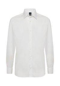 Witte lange mouwen overhemd gemaakt van zachte katoen, met een klassieke kraag en een knopenlijst met zes knopen met gele knopen.