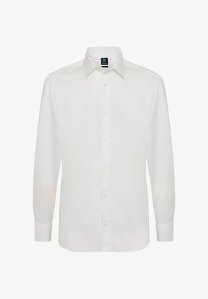 Weißes Langarmhemd aus glattem Baumwollstoff, mit klassischem Kragen und einer Knopfleiste mit sechs Knöpfen in gelblichem Farbton.